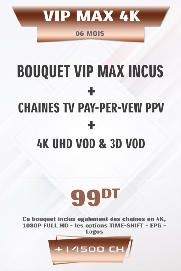 Abonnement IPTV VIP 4K + VOD 6 mois +38000 Chaines TV Live tunisie
